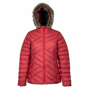 *Eddie Bauer Down Filled Puffy Jacket Coat Womens Size Med Red Faux Fur Hood Zip